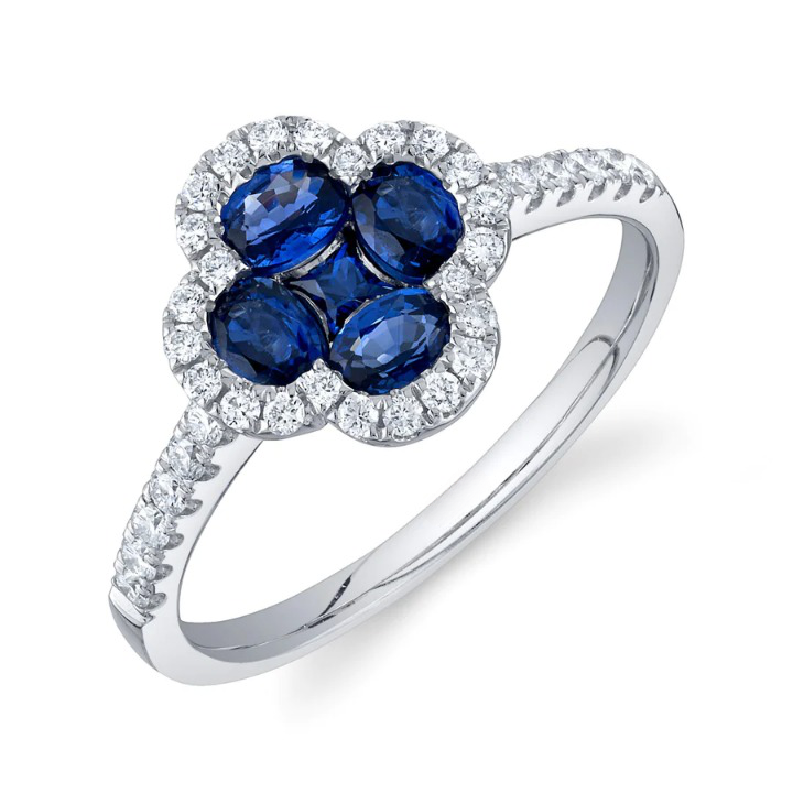 14K Gold 1.50 CT Diamond Sapphire Clover Ring