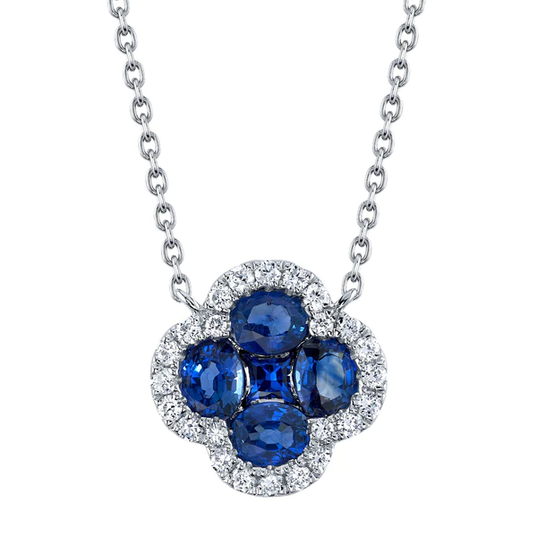 14K Gold Blue Sapphire Diamond Clover Necklace