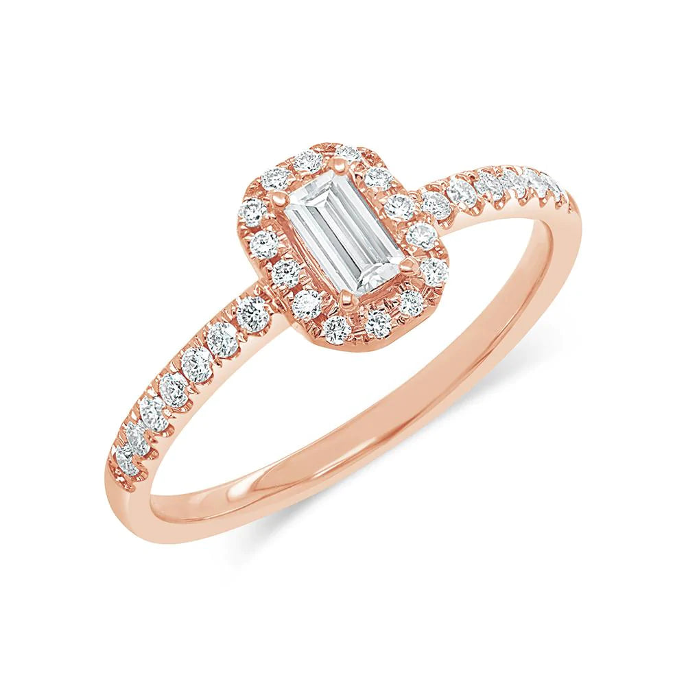 14K Gold 0.38CT Baguette Diamond Engagement Ring Solitaire Halo Certified