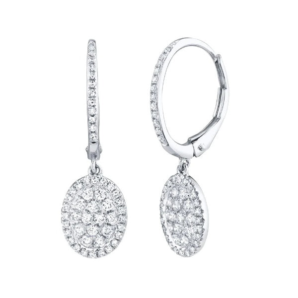 14K Gold 0.49 CT Diamond Oval Earrings Dangle Drop Lever back Dangling Pave Round