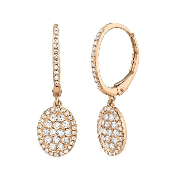 14K Gold 0.49 CT Diamond Oval Earrings Dangle Drop Lever back Dangling Pave Round