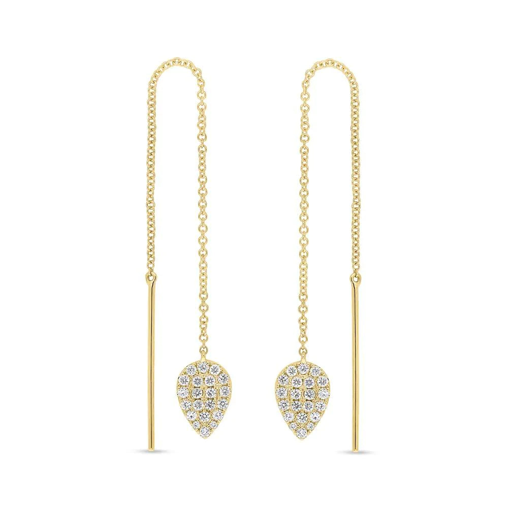 14K Gold 0.43 CT Diamond Threader Earrings Teardrop Pear Dangle Chain