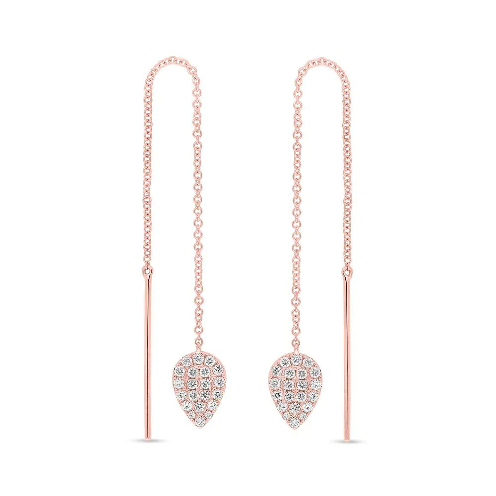 14K Gold 0.43 CT Diamond Threader Earrings Teardrop Pear Dangle Chain
