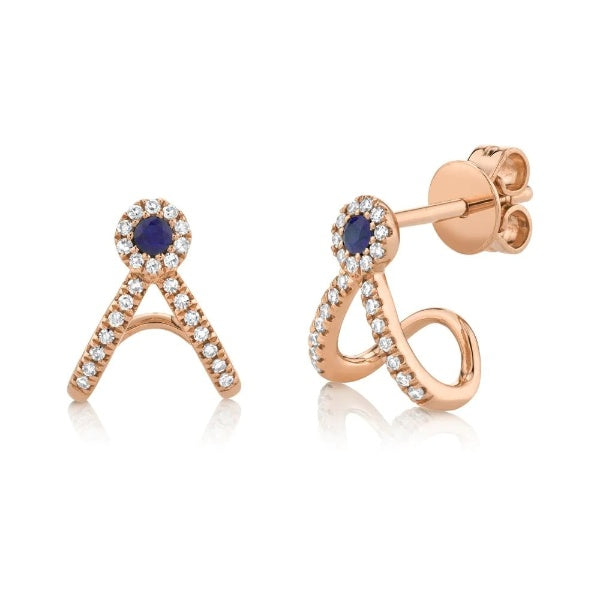 14k Gold 0.09 CT Diamond Sapphire Stud Cuff Earrings Natural Round Blue