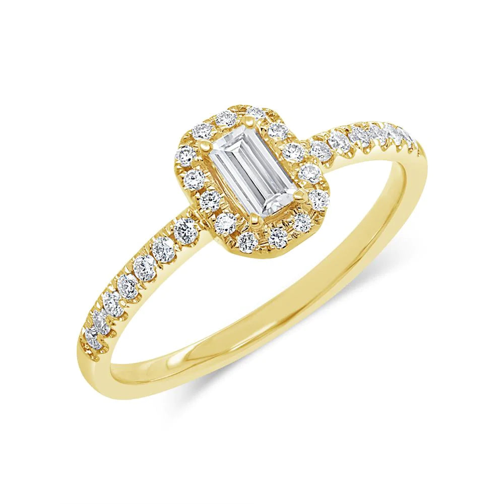 14K Gold 0.38CT Baguette Diamond Engagement Ring Solitaire Halo Certified