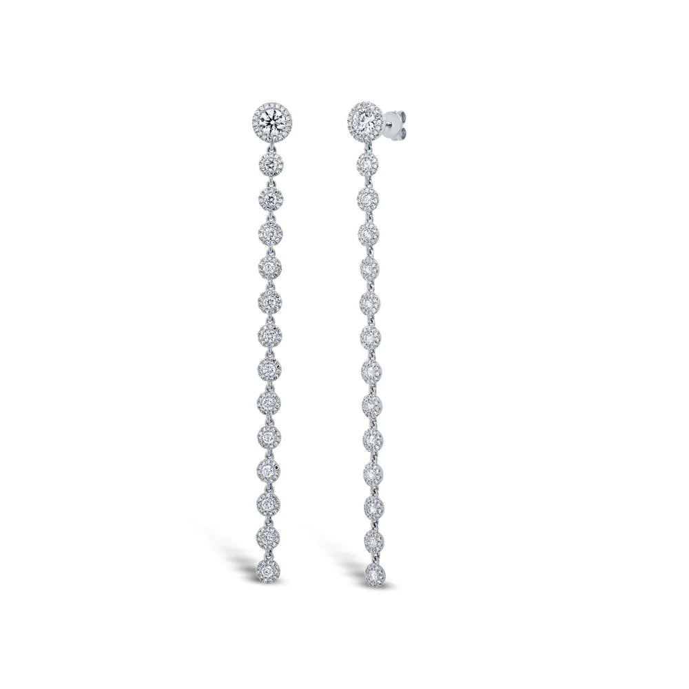 14K Gold 3.10 TCW Long Diamond Drop Earrings Round Cut Halo Dangle Natural