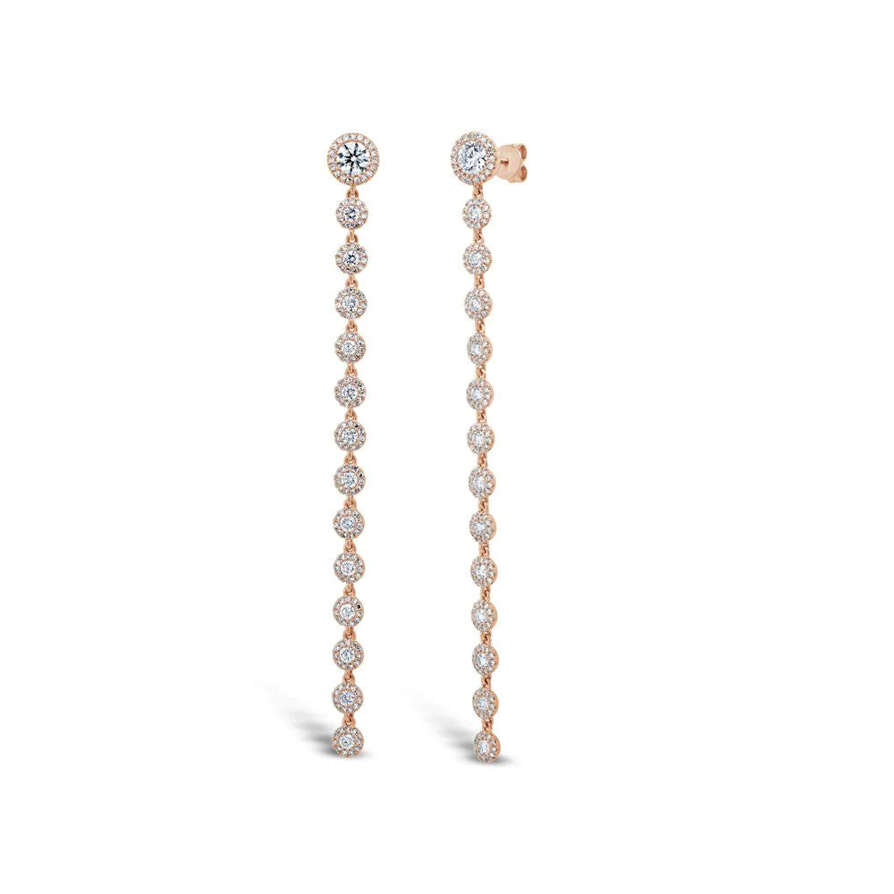 14K Gold 3.10 TCW Long Diamond Drop Earrings Round Cut Halo Dangle Natural