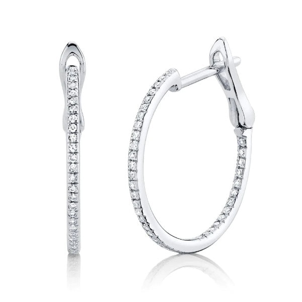 14K Gold 0.21CT Diamond Hoop Earrings Inside Outside Round Cut Latch Lock