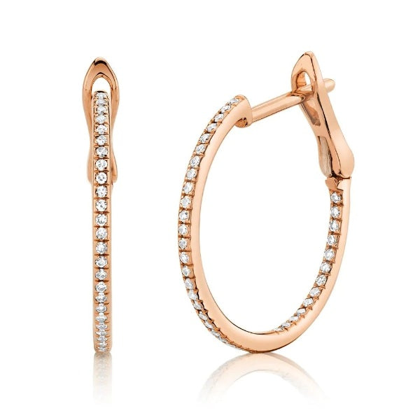 14K Gold 0.21CT Diamond Hoop Earrings Inside Outside Round Cut Latch Lock