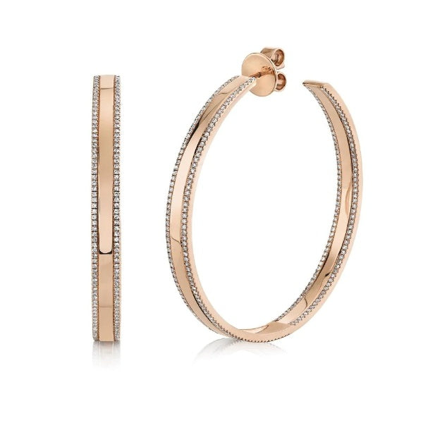 14K Gold 1.66 CT Diamond Hoops Earrings Open Push Back Round Cut 2" Diameter