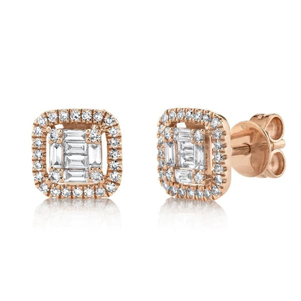 14K Gold 0.43 TCW Baguette Diamond Square Stud Earrings Cushion Shape