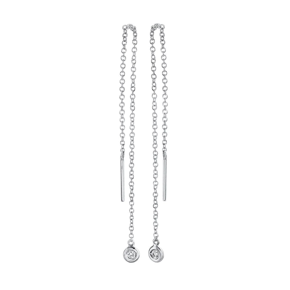 14K Gold 0.04 CT Diamond Threader Chain Earrings Bezel Set Drop Dangle Round Cut