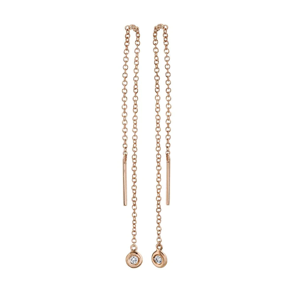 14K Gold 0.04 CT Diamond Threader Chain Earrings Bezel Set Drop Dangle Round Cut