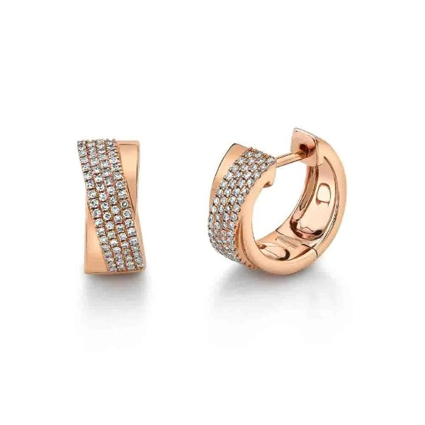 14K Gold 0.30CT Diamond Crossover X Huggie Earrings Pave Round Cut
