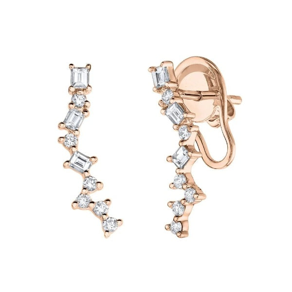 14K Gold 0.33 TCW Baguette Diamond Ear Crawler Earrings Natural Round Cut