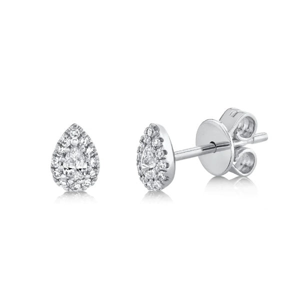 14K Gold 0.18 CT Pear Cut Diamond Tear Drop Stud Earrings Halo Natural Push Back