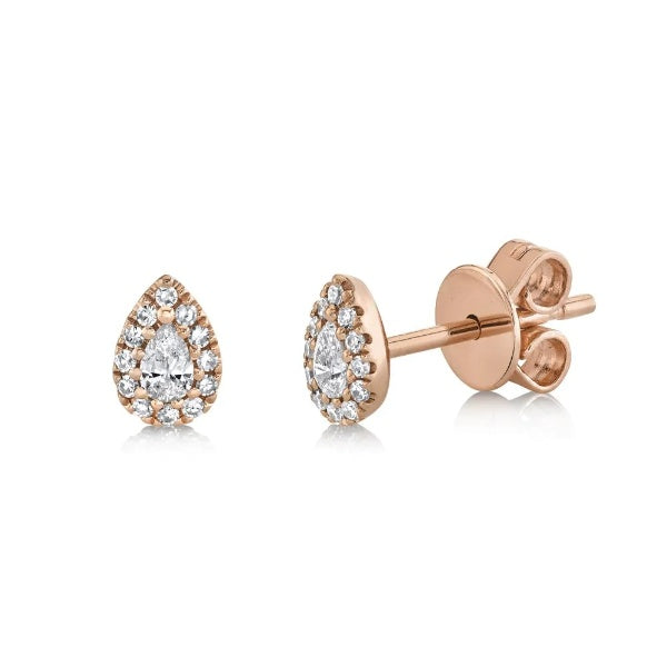 14K Gold 0.18 CT Pear Cut Diamond Tear Drop Stud Earrings Halo Natural Push Back
