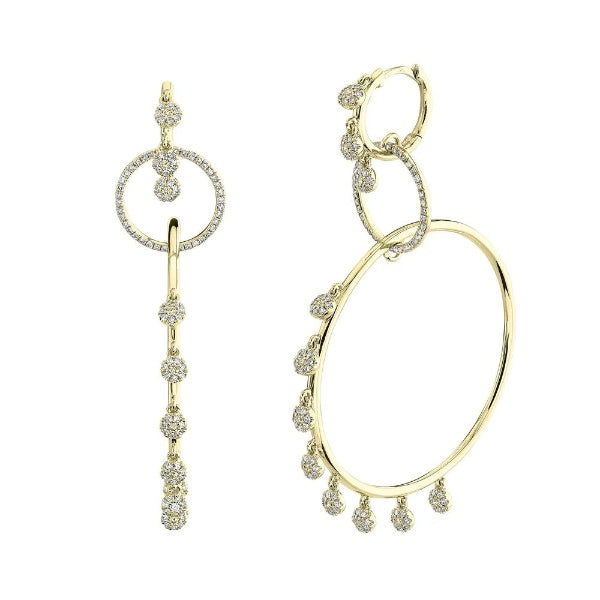 14K Gold 0.87 CT Diamond Circle Hoop Drop Dangle Earrings Natural Round 2.40" Long