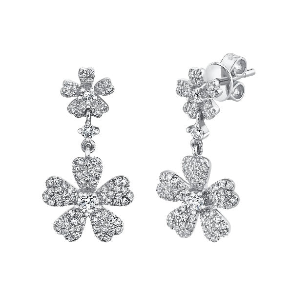 14K Gold 0.54 CT Diamond Flower Earring Drop Dangle Round Cut Pave Natural
