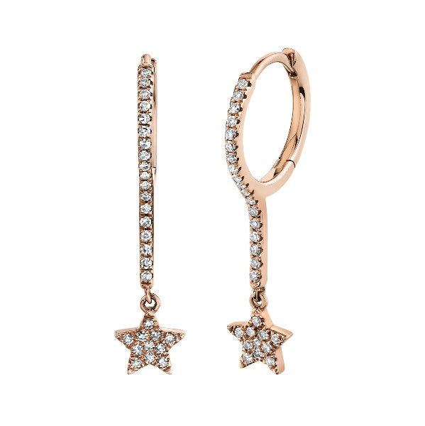 14k Gold 0.17 CT Diamond Star Drop Dangle Huggie Earrings Natural Pave