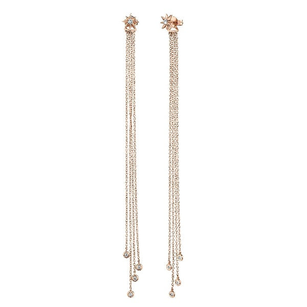 14K Gold 0.24 CT Diamond Fringe Chain Earrings Star Shoulder Dusters Round