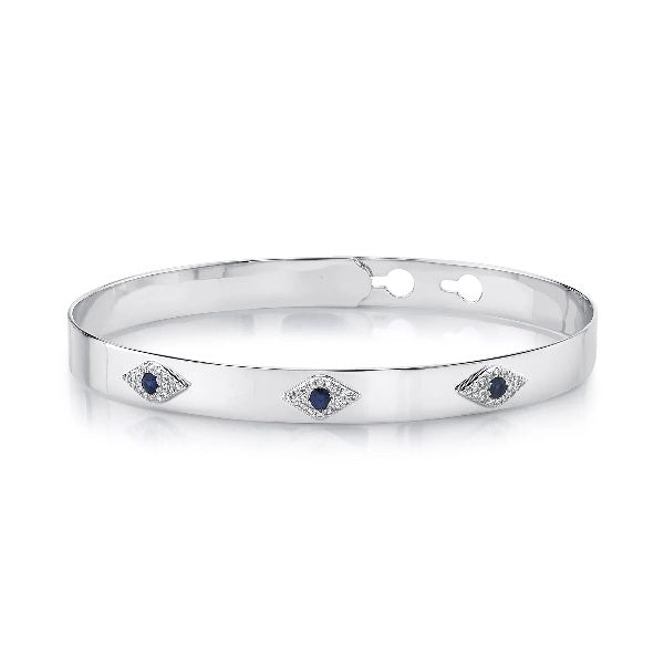 14K Gold 0.16 CT Evil Eye Diamond Sapphire Bangle Bracelet Latch Lock Adjustable