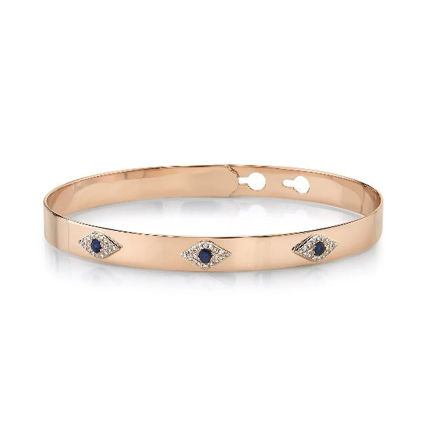 14K Gold 0.16 CT Evil Eye Diamond Sapphire Bangle Bracelet Latch Lock Adjustable