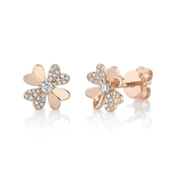 14K Gold 0.14 CT Diamond Clover Stud Earrings Round Cut Natural Pushback