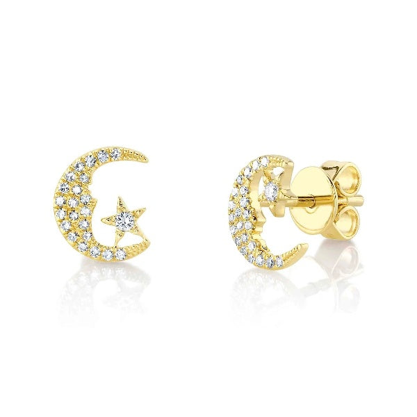 14K Gold 0.12 CT Diamond Moon And Star Stud Earrings Round Cut Natural
