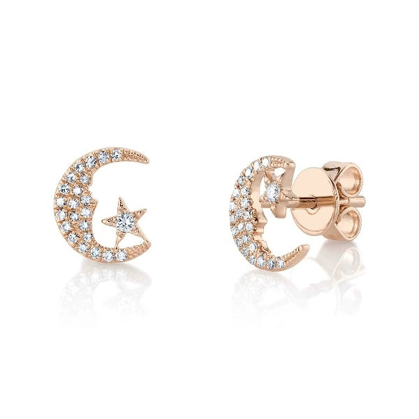 14K Gold 0.12 CT Diamond Moon And Star Stud Earrings Round Cut Natural