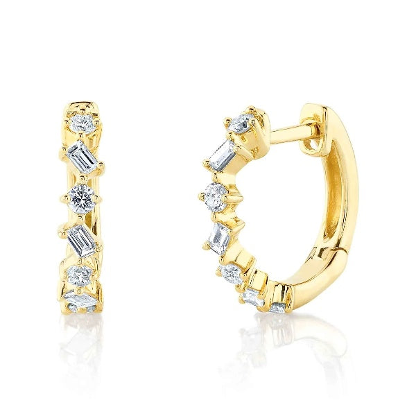 14K Gold 0.26CT Baguette Round Cut Diamond Huggie Earrings Huggy Natural