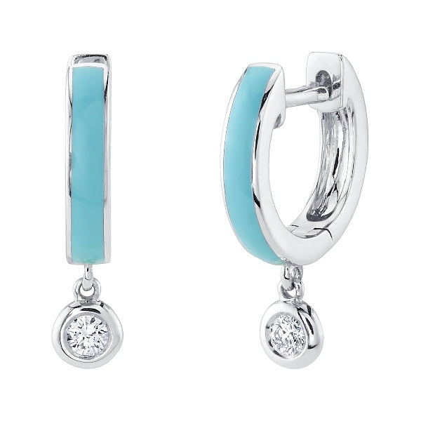 14K Gold 0.08 CT Diamond Turquoise Enamel Huggie Earrings Drop Round Bezel Set