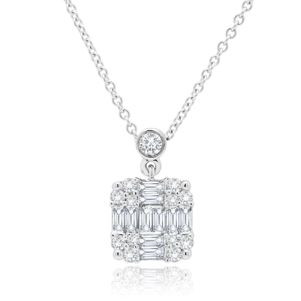 14k Gold 0.29 CT Baguette Diamond Cluster Square Pendant Necklace Natural