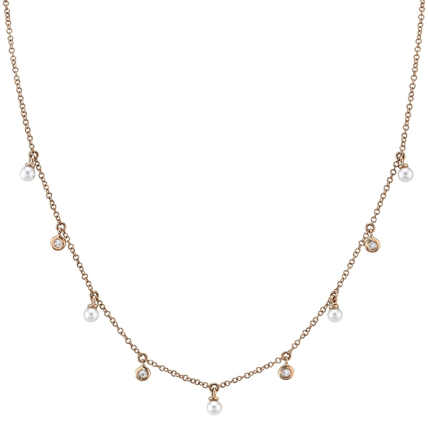 14K Gold 0.04 CT Diamond Pearl Necklace Shaker Dangling Bezel Set Round Cut