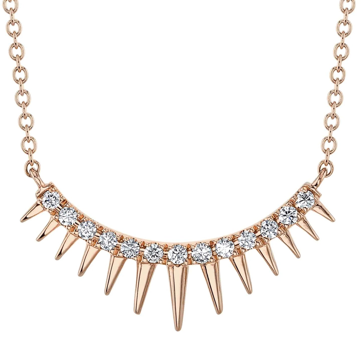 14K Gold 0.12CT Diamond Spike Curved Necklace Triangle Spikey Round Cut