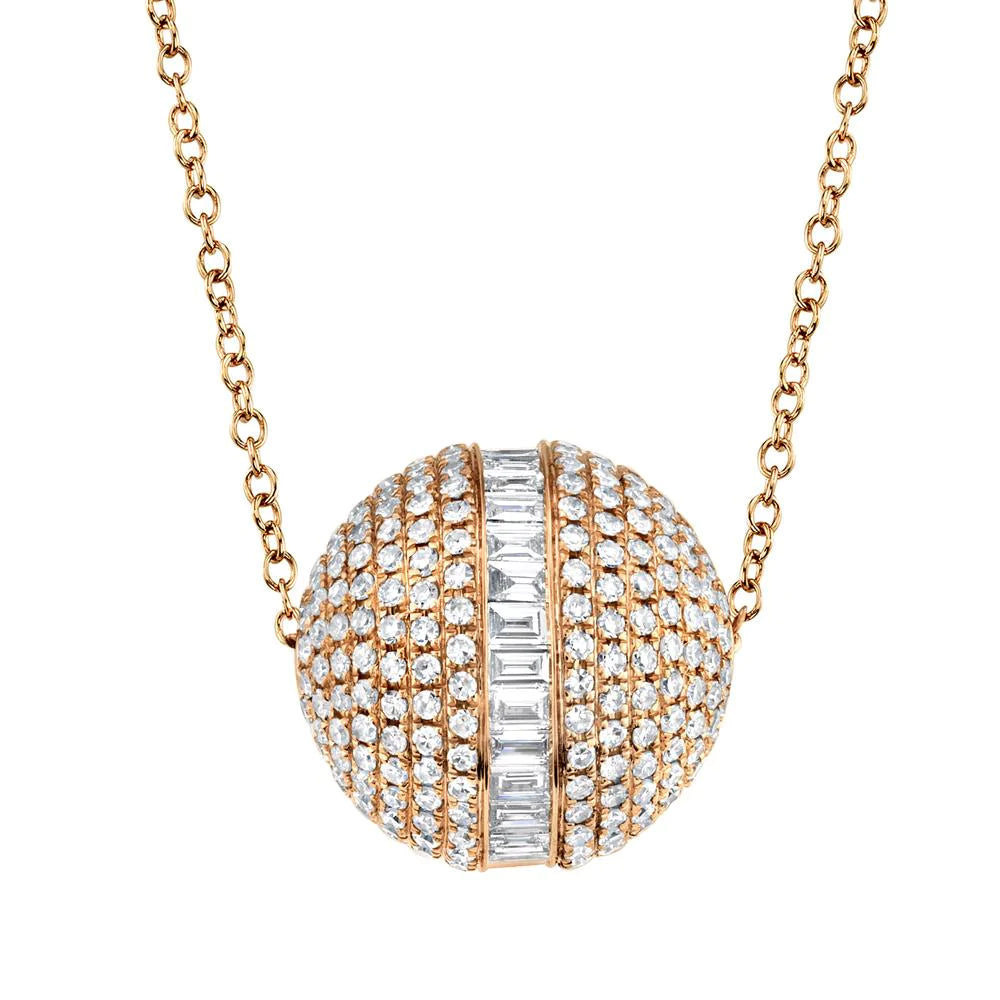 14K Gold 1.60CT Diamond Barrel Pendant Necklace Baguette Round Circle Ball