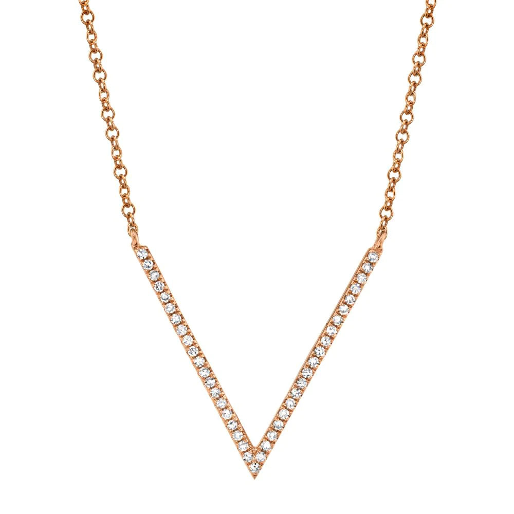 14K Gold 0.12 CT Diamond Natural Round Cut V Pendant Necklace