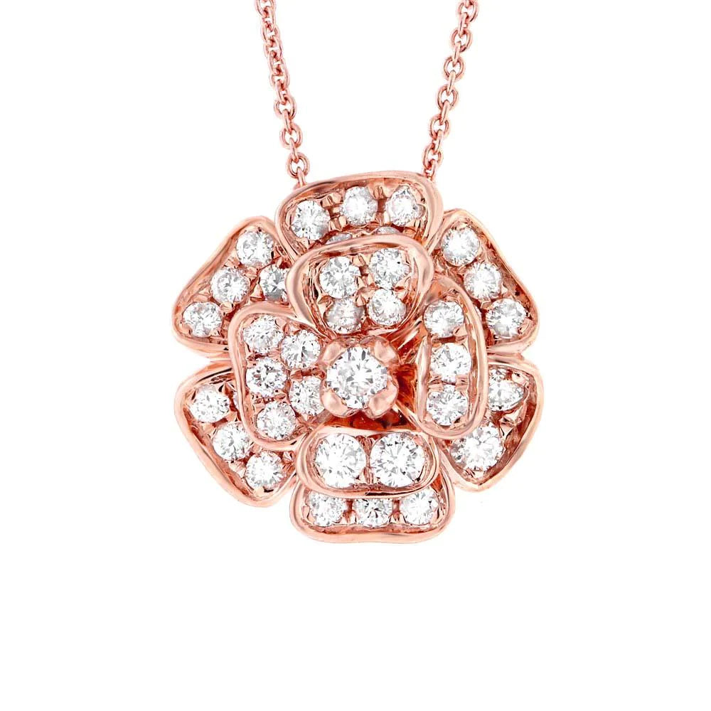 14K Gold 0.84 CT Diamond Rose Pendant Flower Necklace Natural Round Cut