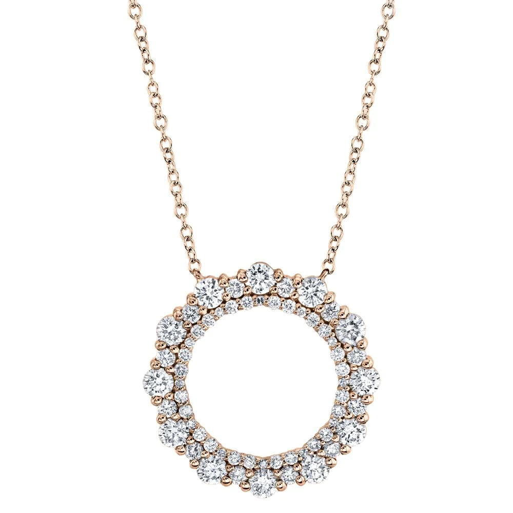 14K Gold 1.16CT Diamond Circle O Necklace Scallop Edge Round Cut Natural