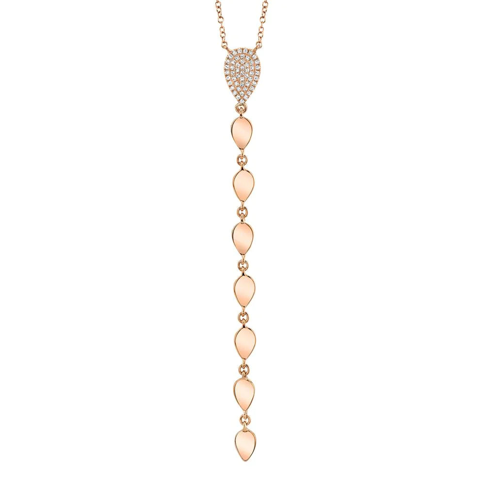 14K Gold 0.11 CT Diamond Lariat Necklace Pear Teardrop Pave Set Round Cut Natural