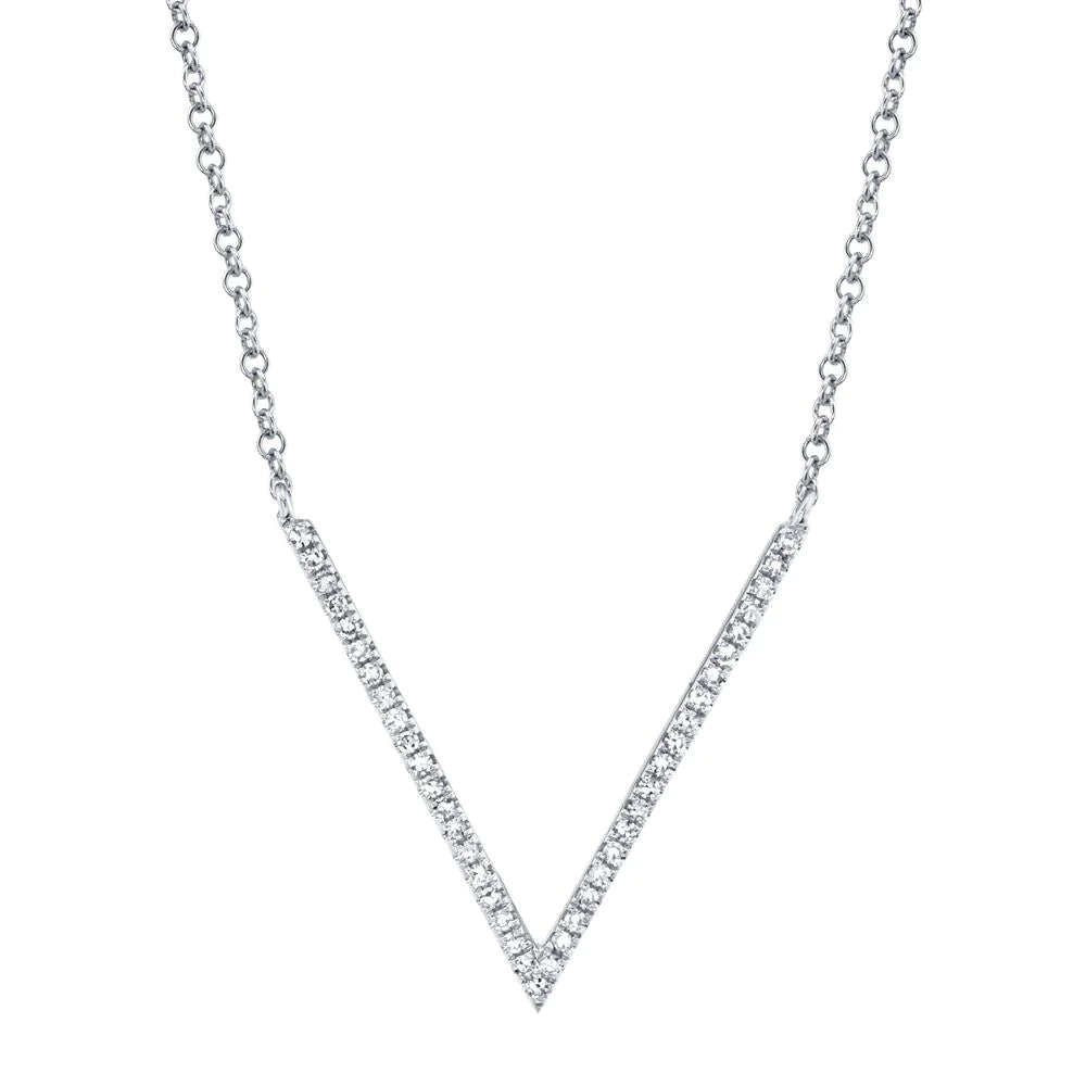 14K Gold 0.12 CT Diamond Natural Round Cut V Pendant Necklace