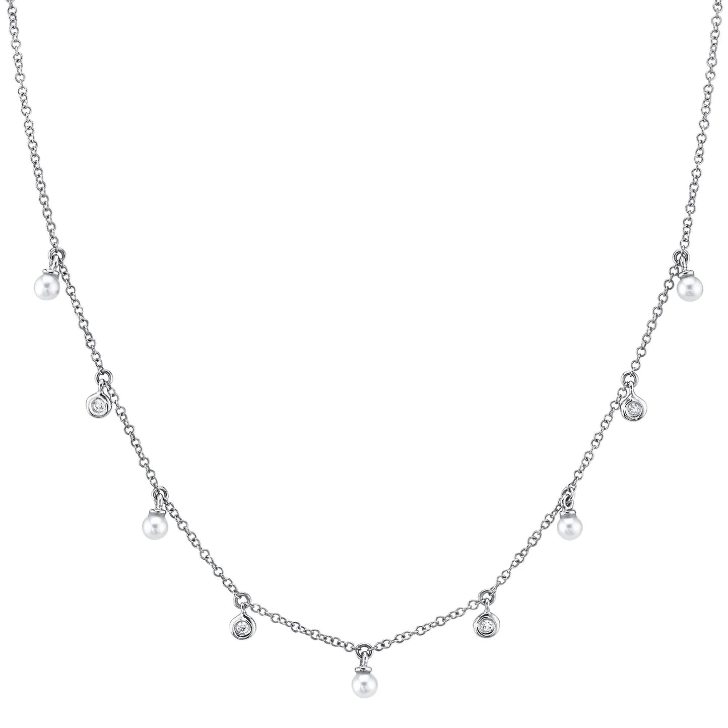 14K Gold 0.04 CT Diamond Pearl Necklace Shaker Dangling Bezel Set Round Cut