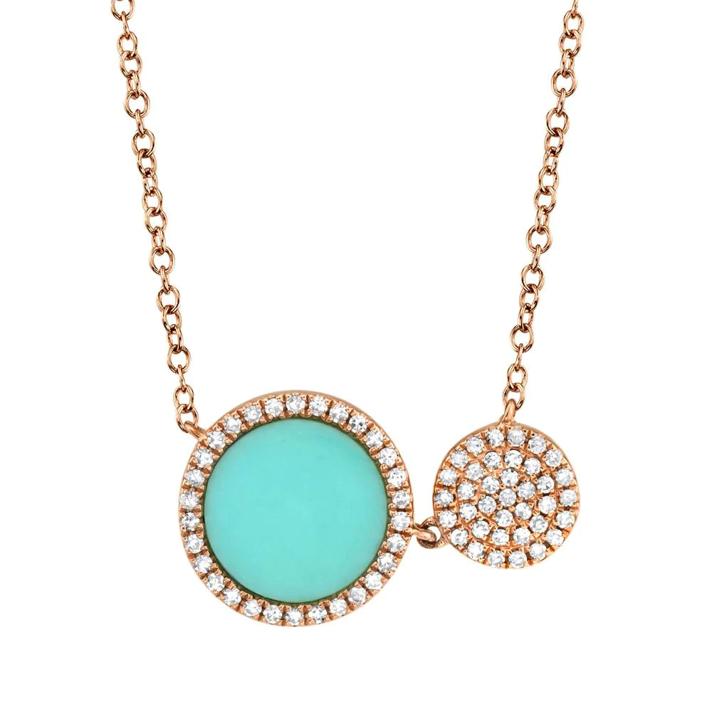 14K Gold 0.99 TCW Natural Diamond Turquoise Pendant Circle Disc Necklace