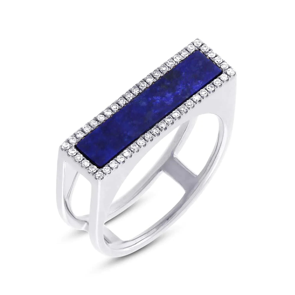 14K Gold 1.06 CT Diamond Lapis Lazuli Ring Bar Rectangular Statement