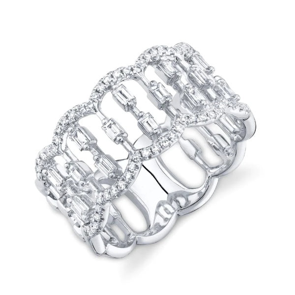14k Gold 0.49 CT Diamond Open Ring Baguette Round Floating Scallop Wide Cocktail