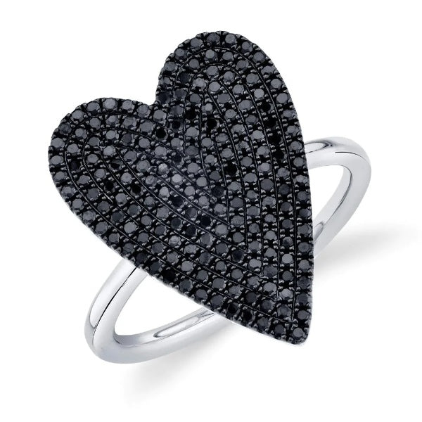 14K Gold 0.62 CT Heart Black Diamond Ring Women's Round Pave Cocktail Right Hand
