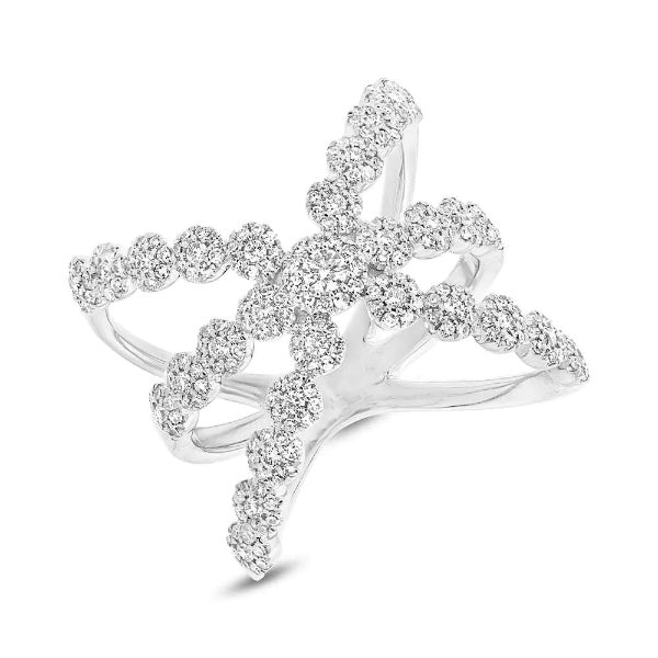 14k Gold 0.80 CT Diamond Wide Crossover Halo Cocktail Ring Natural Round Cut