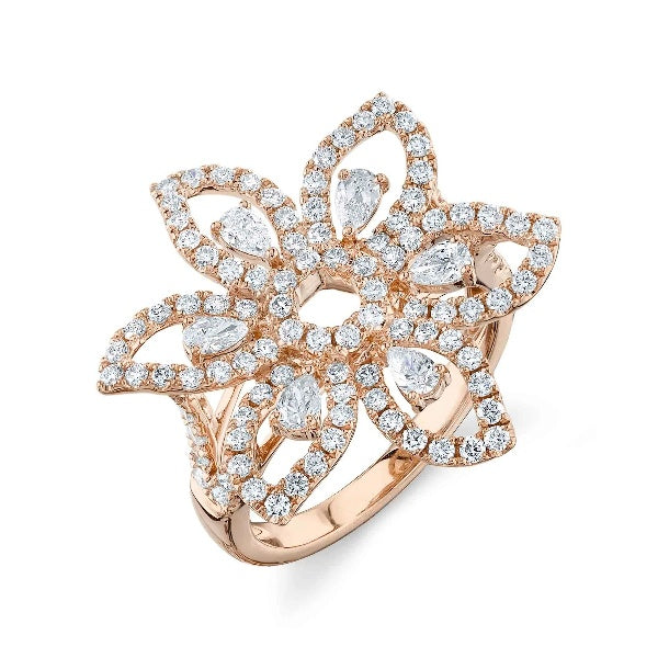 14K Gold 1.46 CT Diamond Flower Ring Pear Cut Cocktail Right Hand Natural