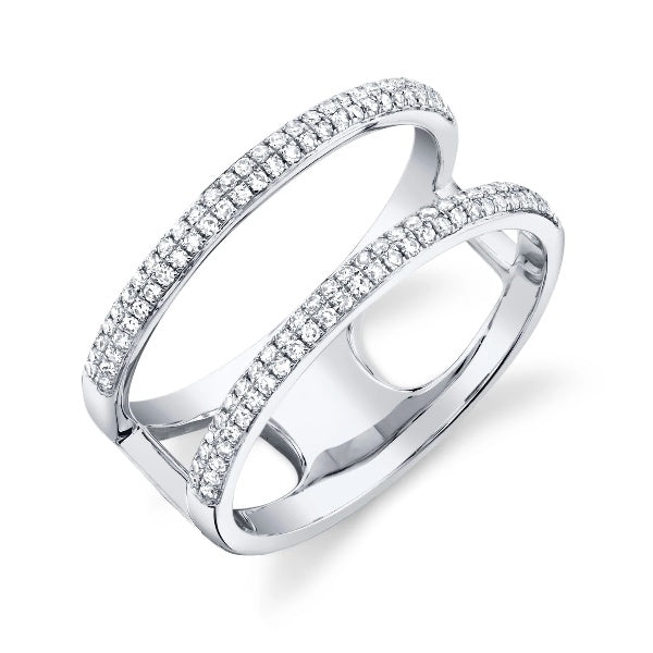 14K Gold 0.30 CT Diamond Pave 2 Band Rows Open Wrap Statement Ring Round