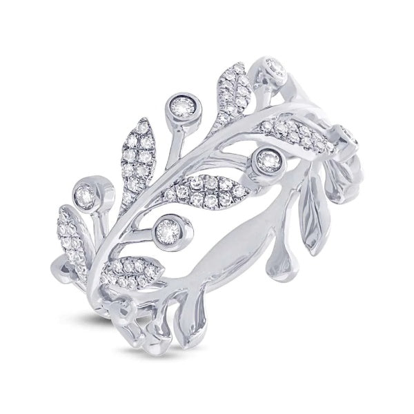14K Gold 0.24 TCW Diamond Leaf Ring Statement Band Natural Round Cut Bezel
